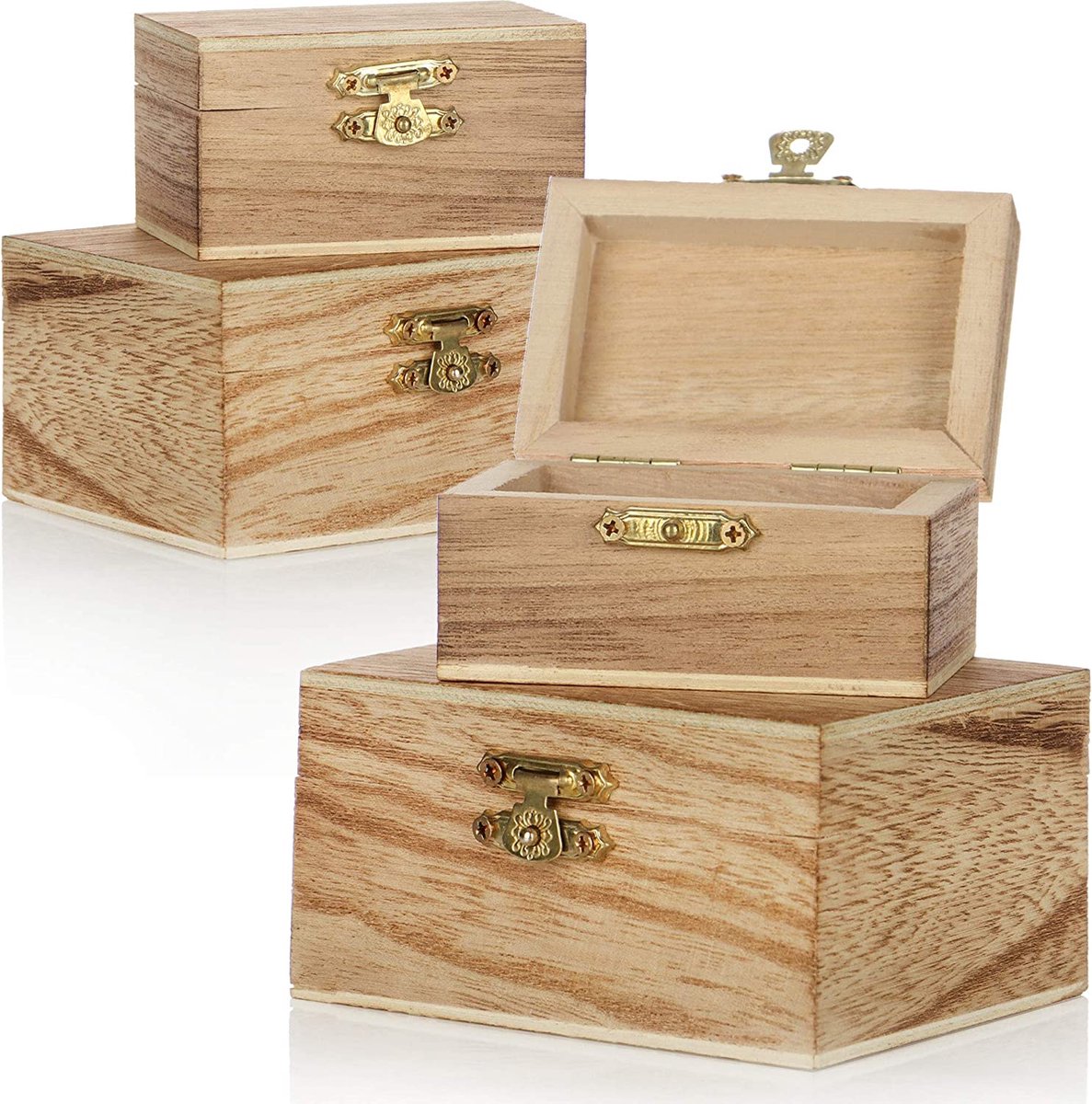 COM-FOUR® 4x houten kist in verschillende maten - houten kist juwelendoosje - klein houten kistje met deksel - decoratief juwelendoosje - houten kistje (4 stuks - kist - klein/groot)