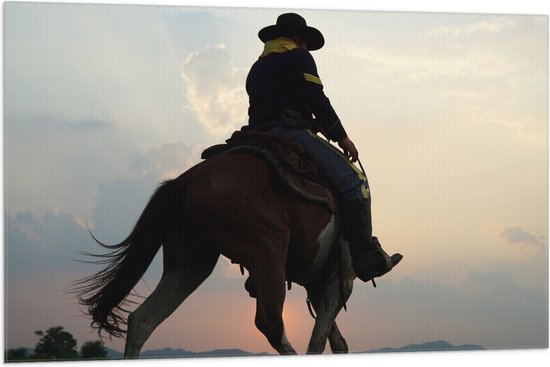 Vlag - Cowboy op Paard bij Zonsondergang - 105x70 cm Foto op Polyester Vlag