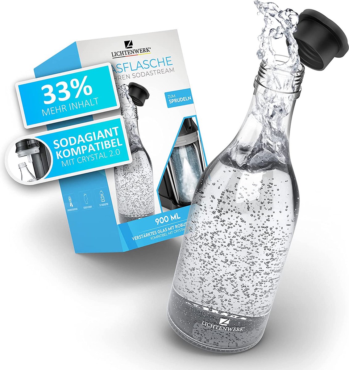 LICHTENWERK® Premium glazen fles compatibel met Sodastream Crystal 2.0 [33% MEER SPRAY] - Edele glazen karaf met meer volume - Drinkfles om te bruisen - Koolzuurhoudend geschikt - Vaatwasmachinebestendig