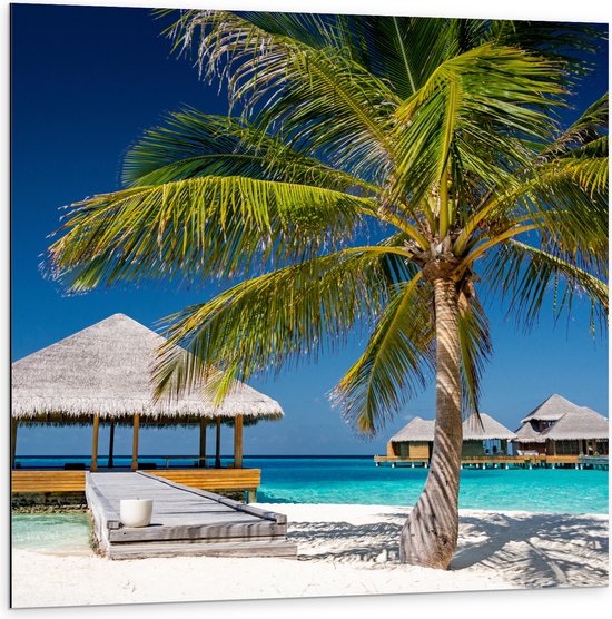 Dibond - Strandhuis op Zee - Malediven - 100x100 cm Foto op Aluminium (Met Ophangsysteem)