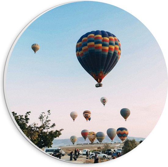 PVC Schuimplaat Muurcirkel - Veel Luchtballonnen in Licht Roze met Blauwe Lucht - 20x20 cm Foto op Muurcirkel (met ophangsysteem)