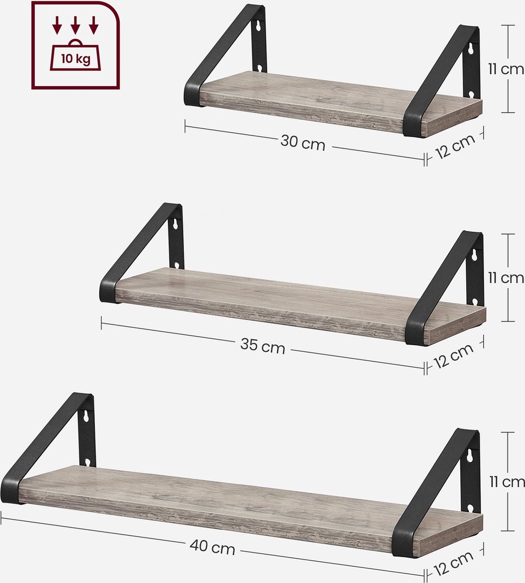 Wandplank Set van 3 - Zwevende plank - Industrieel - Grijs / Zwart