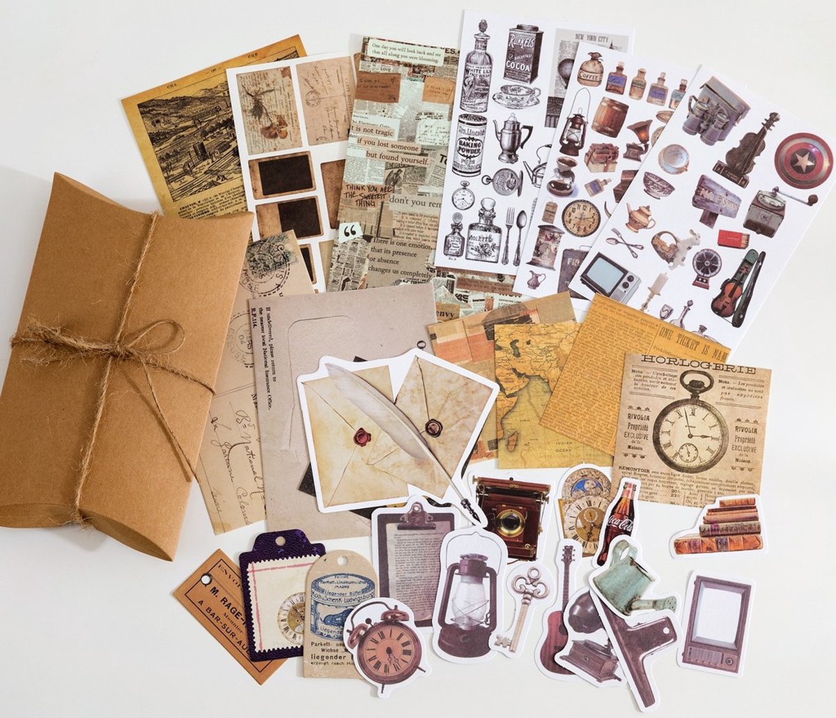 Papier en Stickerset – 9 – Set voor Bulletjournal – Scrapbook – Kaarten Maken – Vintage Papier en Stickers 30 stuks