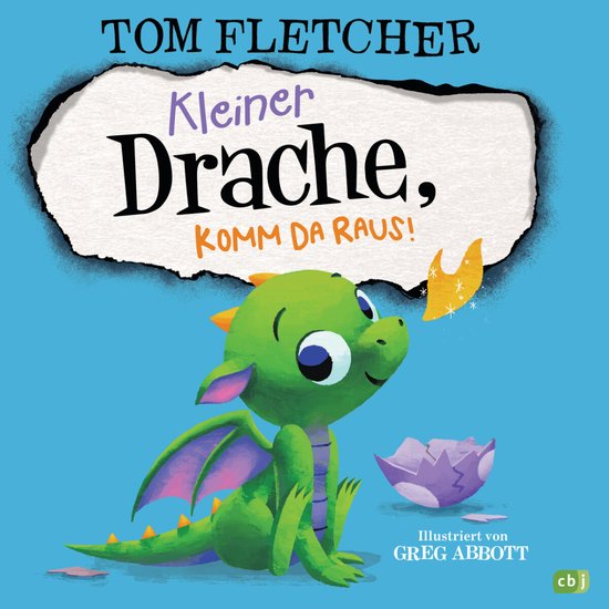 Boekomslag met een schattige groene draak die uit een paars ei komt, met de titel 'Kleiner Drache, komm da raus!'