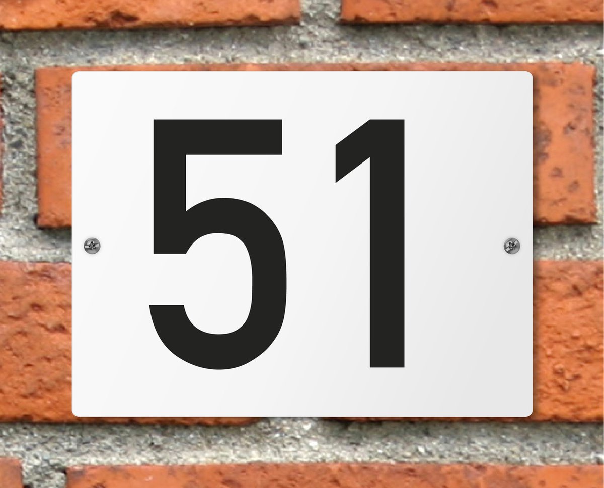 Huisnummerbord wit - Nummer 51 - standaard - 16 x 12 cm - schroeven - naambord - nummerbord - voordeur