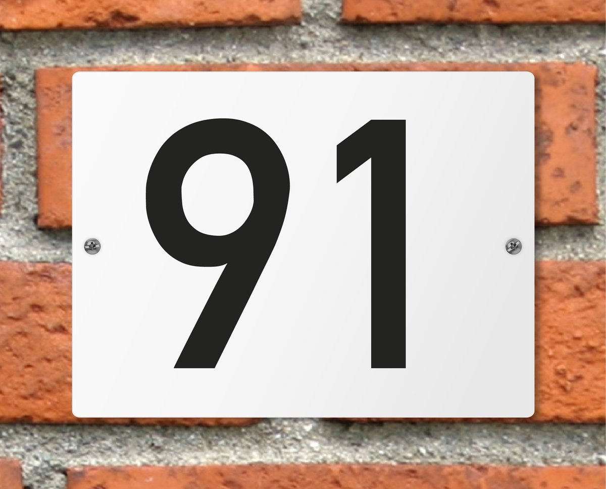 Huisnummerbord wit - Nummer 91 - standaard - 16 x 12 cm - schroeven - naambord - nummerbord - voordeur