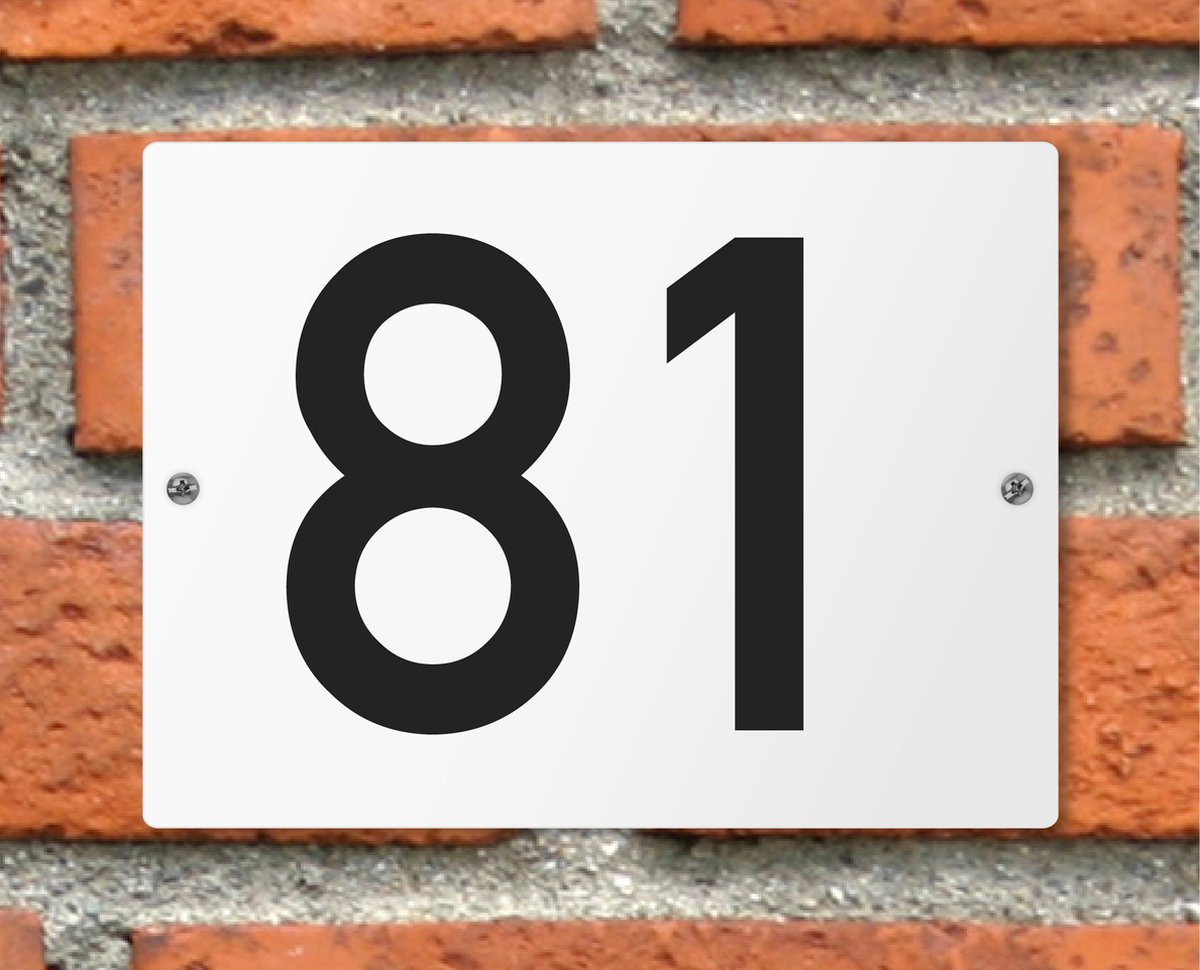 Huisnummerbord wit - Nummer 81 - standaard - 16 x 12 cm - schroeven - naambord - nummerbord - voordeur