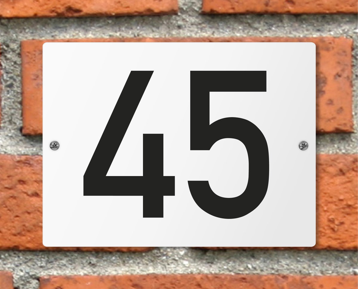 Huisnummerbord wit - Nummer 45 - standaard - 16 x 12 cm - schroeven - naambord - nummerbord - voordeur