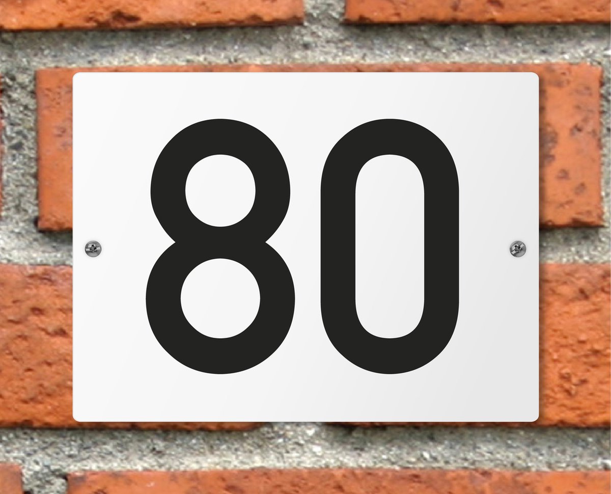 Huisnummerbord wit - Nummer 80 - standaard - 16 x 12 cm - schroeven - naambord - nummerbord - voordeur