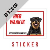 Sticker/ waakbord | Rottweiler | "Hier waak ik" | 30 x 20 cm | Waakhond | Hond | Chien | Dog | Betreden op eigen risico | Mijn huisdier | Permanente lijm | Rechthoek | Witte achtergrond | 1 stuk