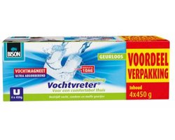 Bison Vochtvreter® magneet voordeelverpakking 4x 450g - Parfumvrije navulling voor Vochtvreter® apparaat, bestrijd hoge luchtvochtigheid in woonruimtes, ook geschikt voor caravans en campers