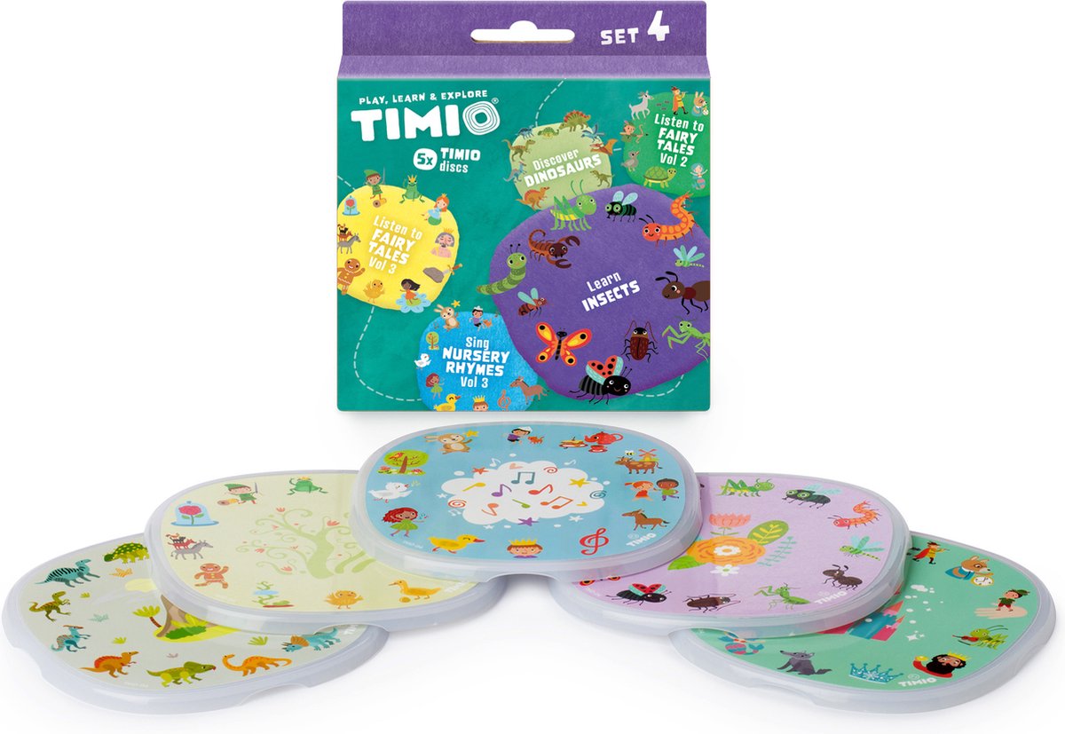 TIMIO Disk Set # 4: 5 Audio-Discs voor de TIMIO Player | Leer 96 Kinderliedjes Vol. 3, 12 Sprookjes Vol. 2, 12 Sprookjes Vol. 3, Dinosauriërs, Insecten | Alles in 8 Talen | Leerspeelgoed van 2-6 Jaar - TIMIO