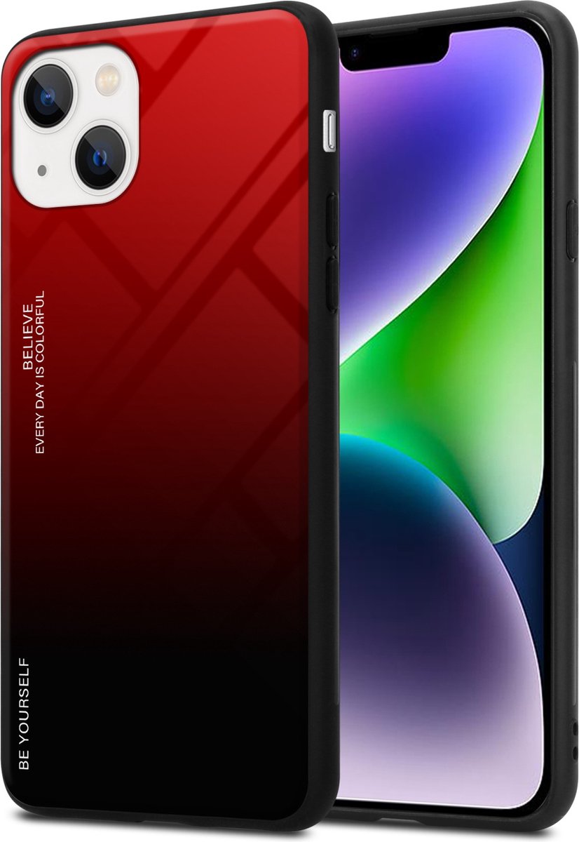 Cadorabo Hoesje geschikt voor Apple iPhone 14 PLUS in ROOD - ZWART - Tweekleurige beschermhoes van TPU-silicone Case Cover en achterzijde van gehard glas