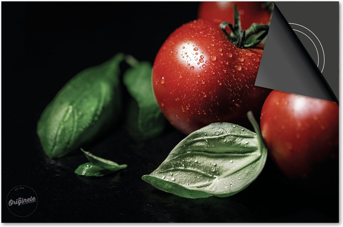 Inductie beschermer 59x52 - afdekplaat inductie mat - Dietrix Kookplaat beschermer - DELUXE - Groente en Fruit - Tomaten en basilicum op zwart