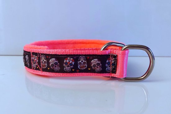 Sliphalsband roze skull halfcheck halsband