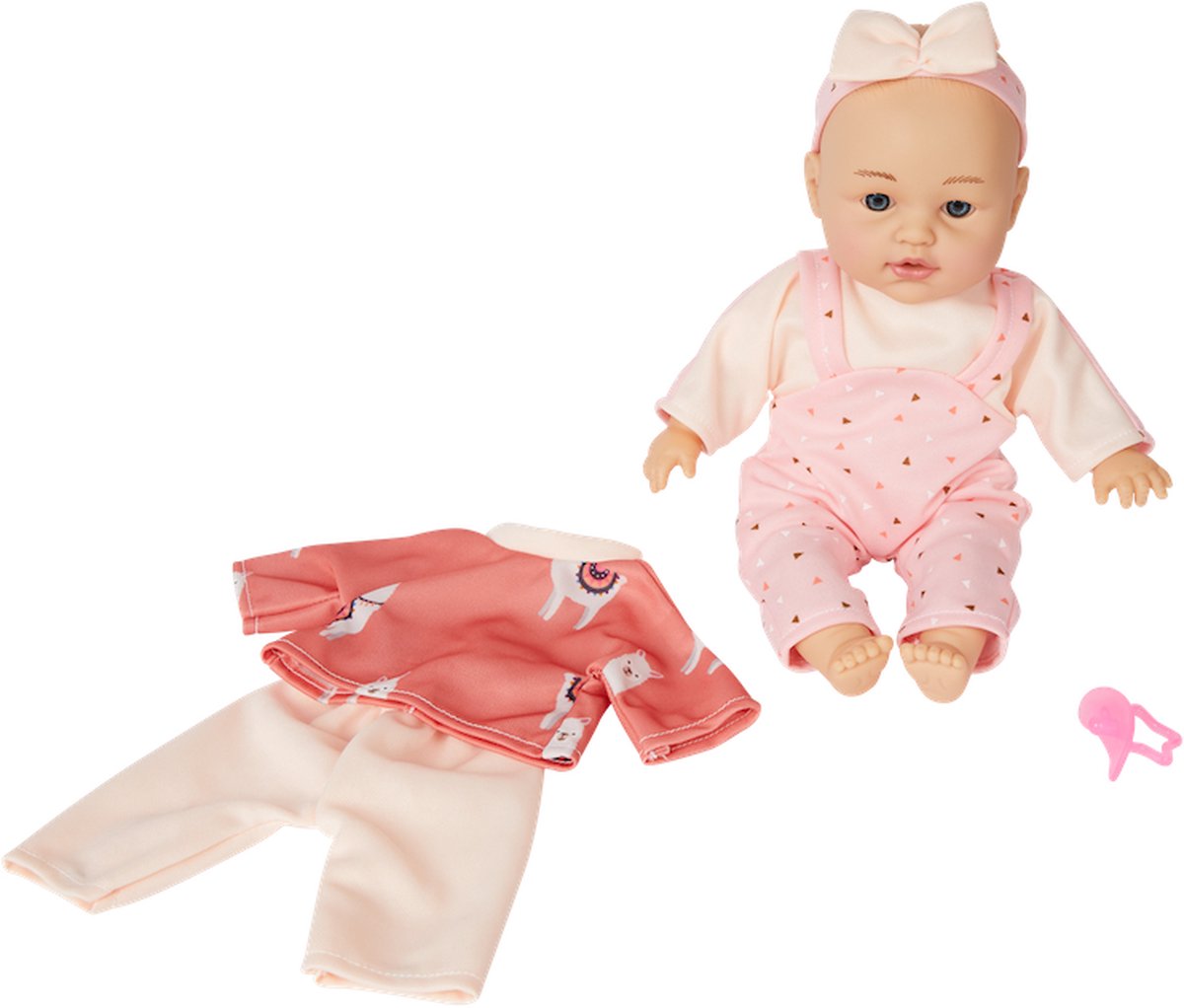 pratende babypop/ talking doll/ met speen en extra kleertjes/ pop flexibel en 22 cm/ afbeelding kan verschillen