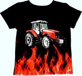 T-shirt met rode trekker, tractor, zwart, full colour print, kids, kinder, maat 134/140, stoer, vuur, fire, mooie kwaliteit!