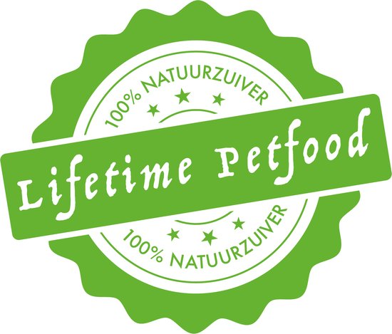 Groen Lifetime Petfood logo met "100% NATUURZUIVER" rondom.
