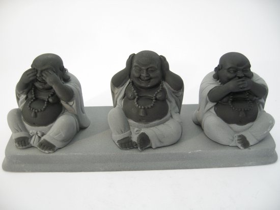 Horen Zien en Zwijgen Happy Boeddha plankje - Hematiet zwart / zilver