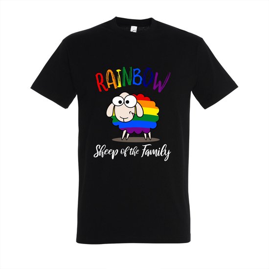T-shirt Rainbow sheep of the family bigger - Zwart T-shirt - Maat S - T-shirt met print - T-shirt heren - T-shirt dames