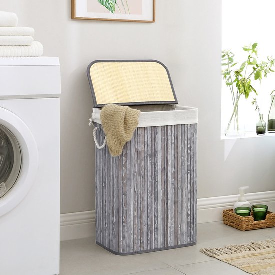 Decopatent® Grote Hoek Bamboe Wasmand Met Deksel - 100 L - Wasmand 1 L Wasmand 1 Vak Met Stoffen Waszak Opvouwbaar Wassorteerder Rond
