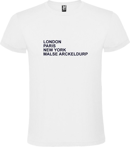 wit T-Shirt met London,Paris, New York , Malse Arckeldurp tekst Zwart Size XXXXL