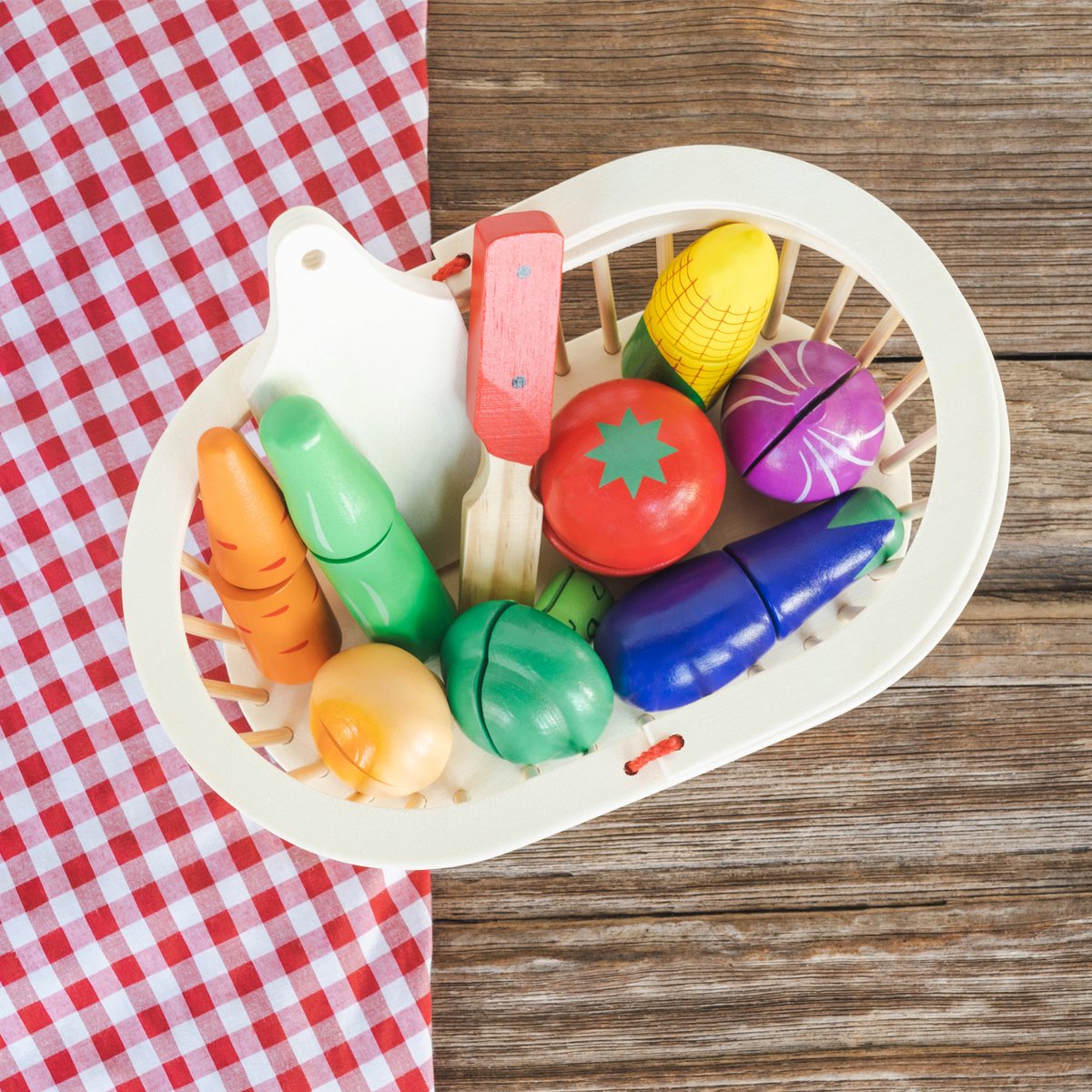 Woet® Houten Groentemandje Speelset - Snijbaar Groente in Mand met Snijplank - Educatief Speelgoedeten Snijset - Rollenspel Speelgoed - Vanaf 2 Jaar — afbeelding 4