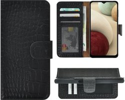 Geschikt voorSamsung Galaxy A14 5G Hoesje - Bookcase - A14 Hoesje Book Case Wallet Echt Leer Croco Zwart Cover