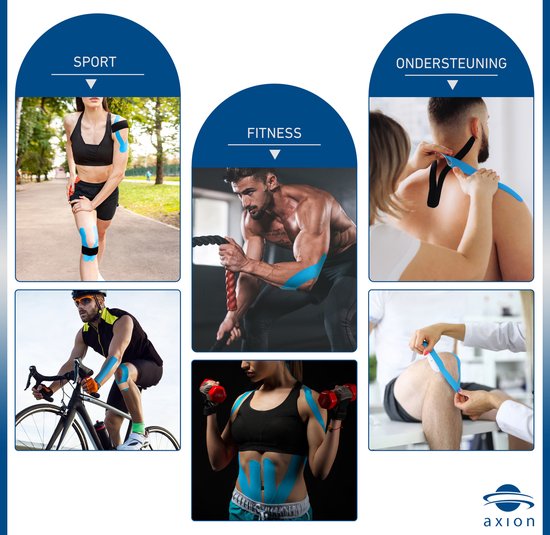 Collage van sport- en fitness-situaties met personen die kinesiotape dragen.