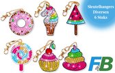 F4B Snoepthema Sleutelhanger Diamond Painting | Dubbelzijdig | 6 Stuks | Cupcake | Eenhoorn | Donut | Lolly | Kinderen | Meiden | Pakket Volledig