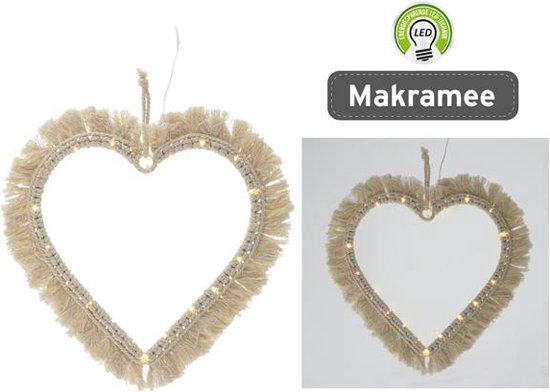 LED hart macramé om op te hangen, 20LED, ca.30cm -HART MACRAME OM OP TE HANGEN MET 20 WARM WITTE LED'S 30CM