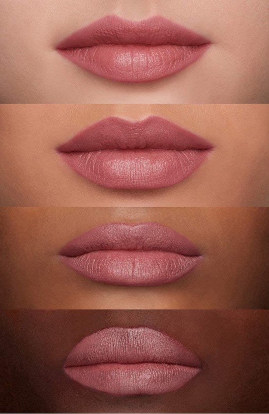 Verschillende huidtinten met MAC Satin Lipstick in de kleur Twig, een roze-bruine tint.