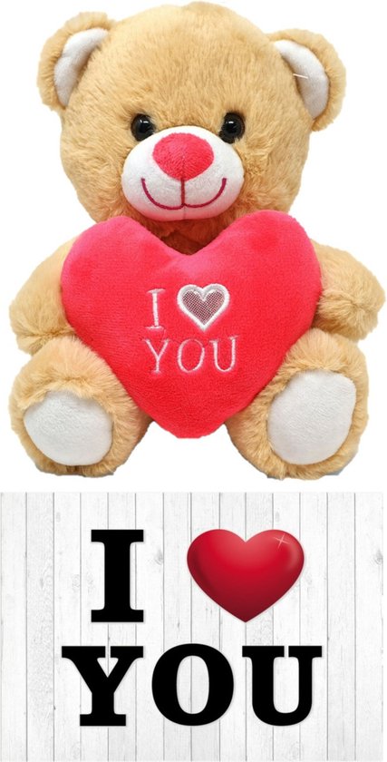 Licht bruine pluche knuffelbeer - 20 cm - incl. Valentijnskaart I Love You