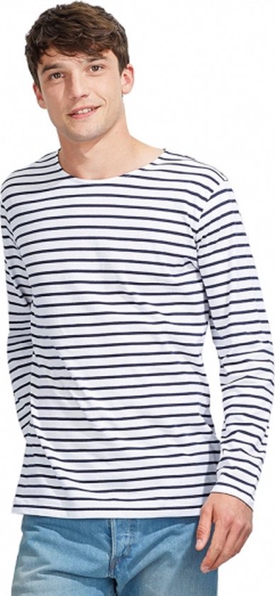 Heren t-shirt met lange mouwen in wit met blauwe strepen en een ronde hals.