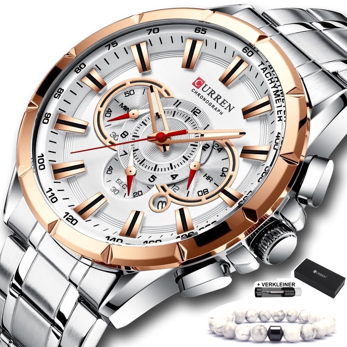 Curren - Horloge Heren - Cadeau voor Man - Horloges voor Mannen - 48 mm - Zilver Rosé Wit