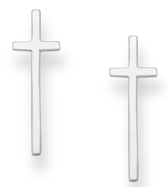 Joy|S - Zilveren kruis oorbellen - 8 x 28 mm - gepolijst - groot kruis oorknoppen