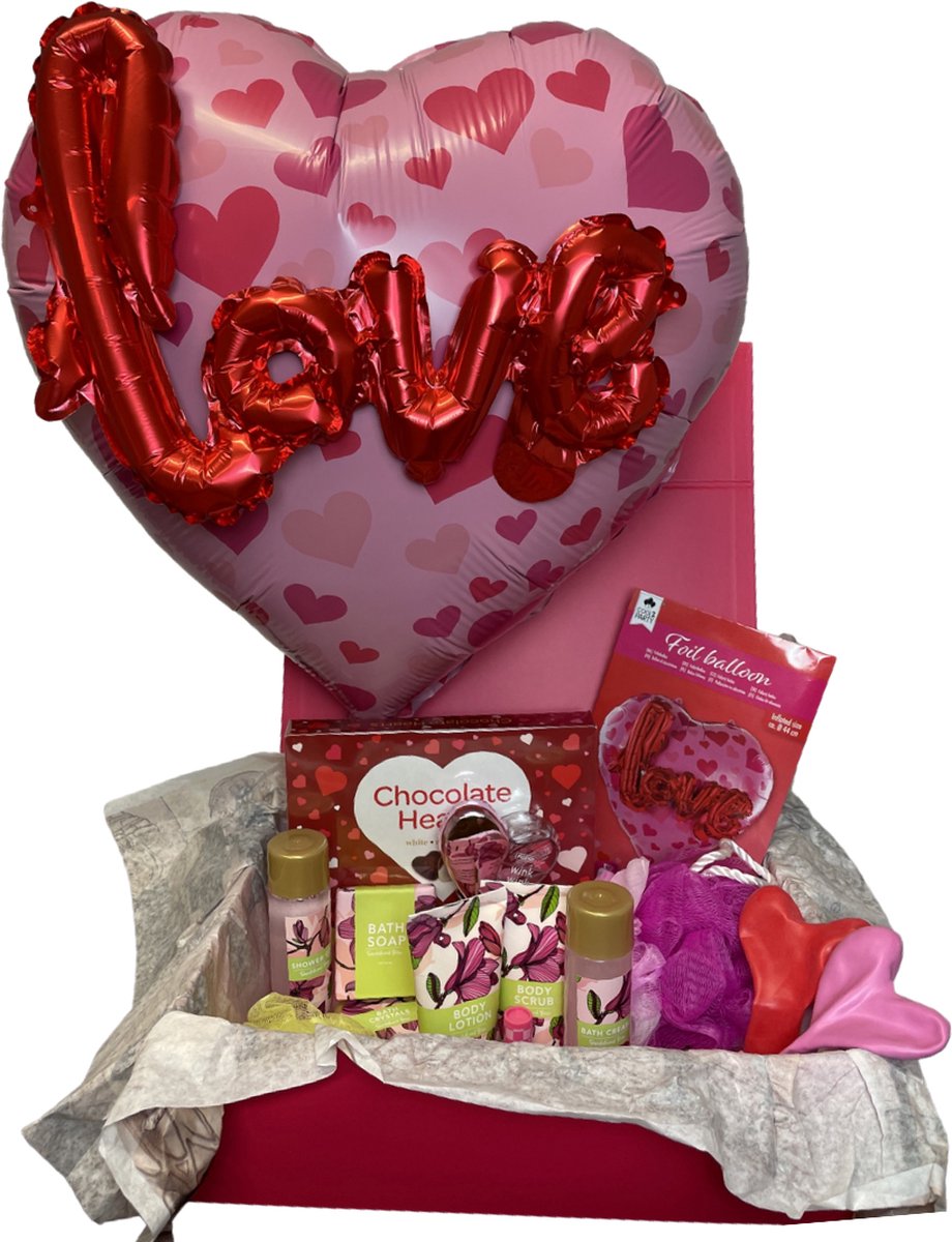 Valentijnsbox voor haar - luxe valentijnscadeau - 14 delig - cadeauset - luchtje in vorm van hart - Bad- en doucheset - Chocoladehartjes - Bodyscrub - love ballonnen - luxe geschenkdoos - valentijn cadeautje vrouw - valentijnsdag