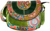 Macha Etnische katoenen tas met kleurrijke prints en lederen inzetstukken, schoudertas voor dames etnische indianen kleurrijk, Groen