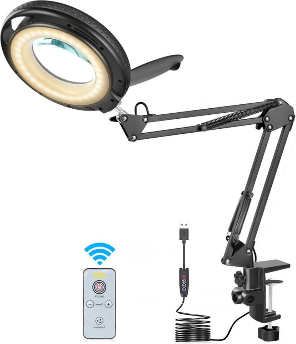 Newacalox Loeplamp Met LED Verlichting - Loeplamp Met Tafelklem 5x Vergroting - Loeplamp Met Afstandsbediening - Zwart
