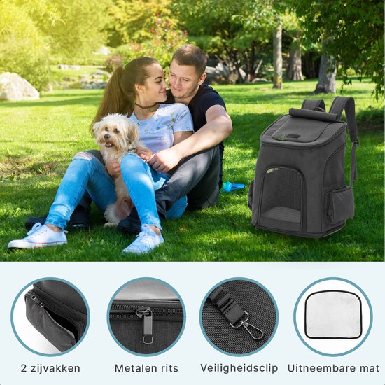 Sac à dos pour chien - Sac de transport Chien - Animaux domestiques Chat - Sac de voyage pour animaux de compagnie - Max 8 kg - Taille L - 42x30x25cm - Zwart