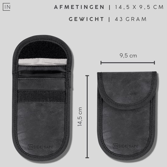 Afmetingen van de zwarte RFID-beschermhoes: 14,5 x 9,5 cm.