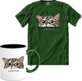 Cat curieux | Chats - Chat - Cats - T-Shirt avec mug - Unisexe - Vert bouteille - Taille 4XL