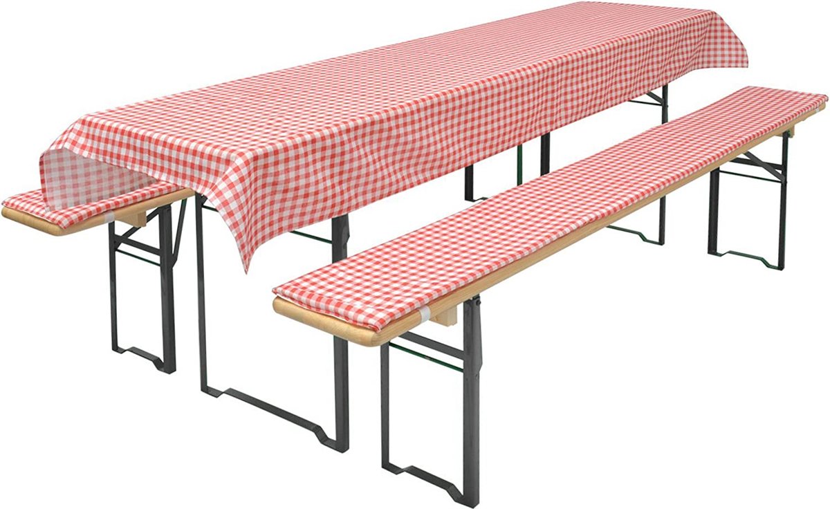 Brandsseller Bierbank editie gevoerd tafelkleed in 3-delige set voor alle gangbare biertentsets - 2 x kussens 220 x 25 x 1,6 cm & 1 x tafelkleed 240 x 70cm, kleur: rood/geruit