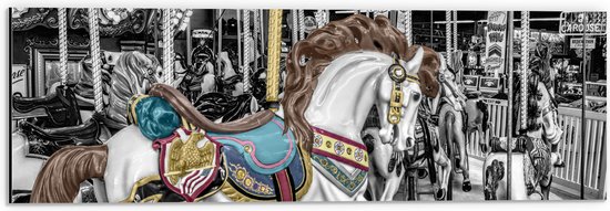 Dibond - Sierlijk Paard in Carrousel - 60x20 cm Foto op Aluminium (Wanddecoratie van metaal)