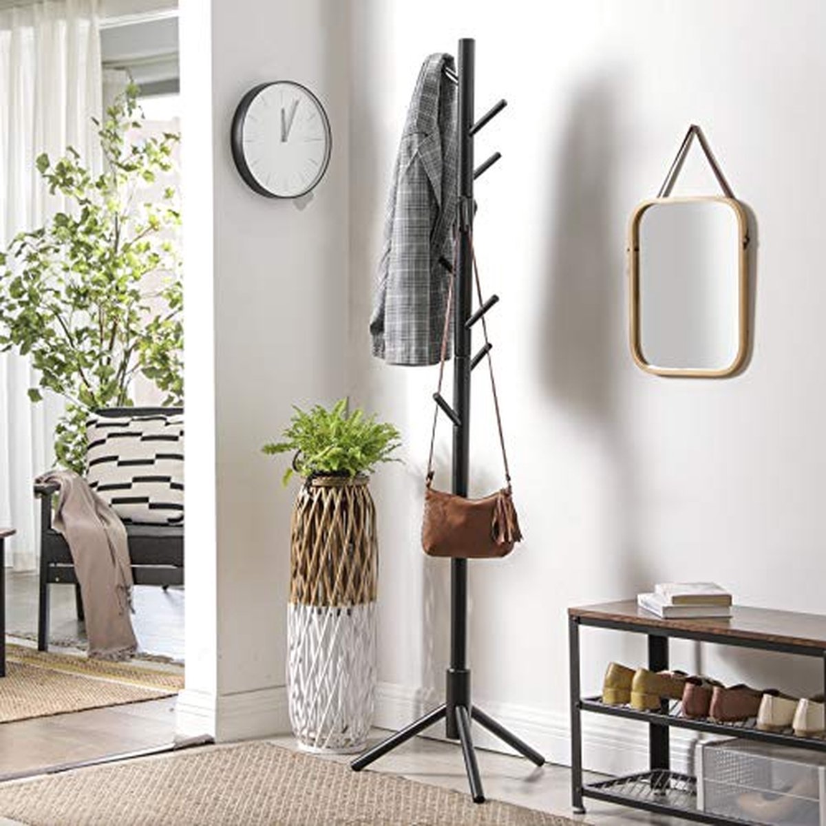 Yawinhe Kapstok, van Massief Hout, in Boomvorm met Antislip Pad, 180cm Hoogte, met 8 Haken en 3 Verstelbare Hoogtes, voor Entree, Woonkamer, Wit, 1 Pak