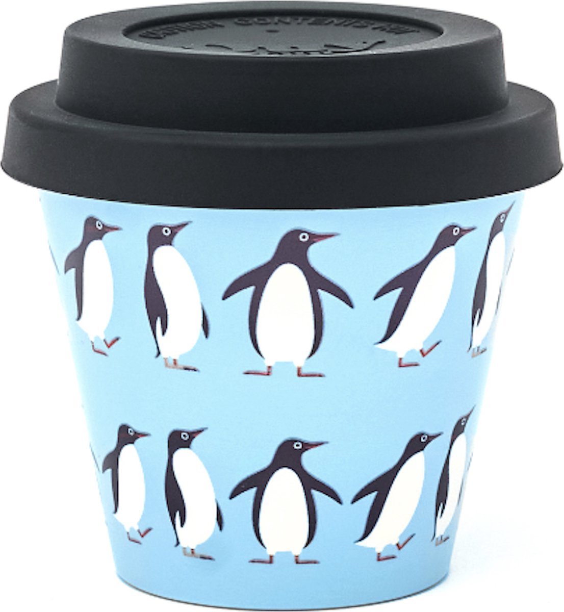 Quy Cup - 90ml Ecologische Reis Beker - Espressobeker “Pinguïn” met Zwarte Siliconen deksel
