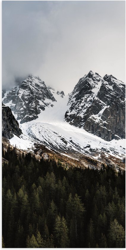 WallClassics - Poster Glanzend – Sneeuwbergen achter het Bos - 50x100 cm Foto op Posterpapier met Glanzende Afwerking