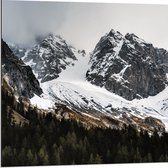 WallClassics - Dibond - Sneeuwbergen achter het Bos - 80x80 cm Foto op Aluminium (Wanddecoratie van metaal)