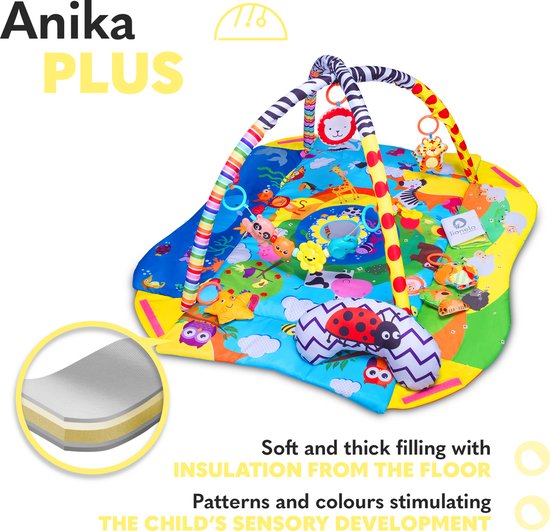 Lionelo Anika Plus 2-in-1 Babygym & Speelkleed – Met Verhoogde Randen (Boxfunctie) – Inclusief Tummy Time Kussen, Interactief Boekje & 5 Speeltjes – 115x110 cm