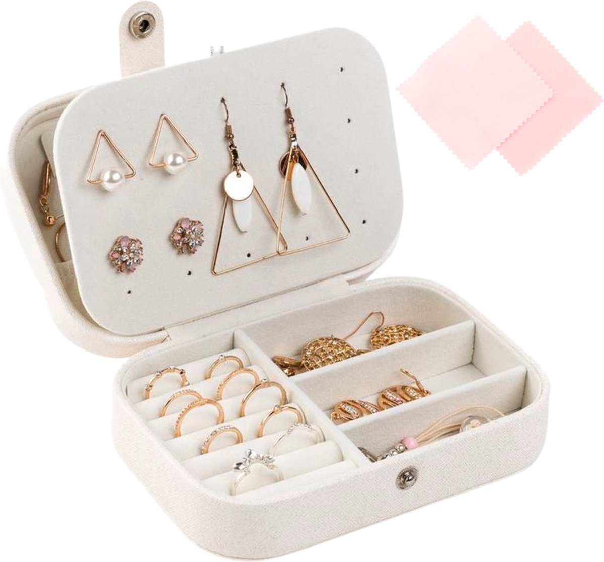 Behave Luxe Sieradendoos Dames met Spiegel & Druksluiting – Compacte Reis Sieraden Organizer – Wit Crème – Incl. 2 Sieraden Poetsdoekjes